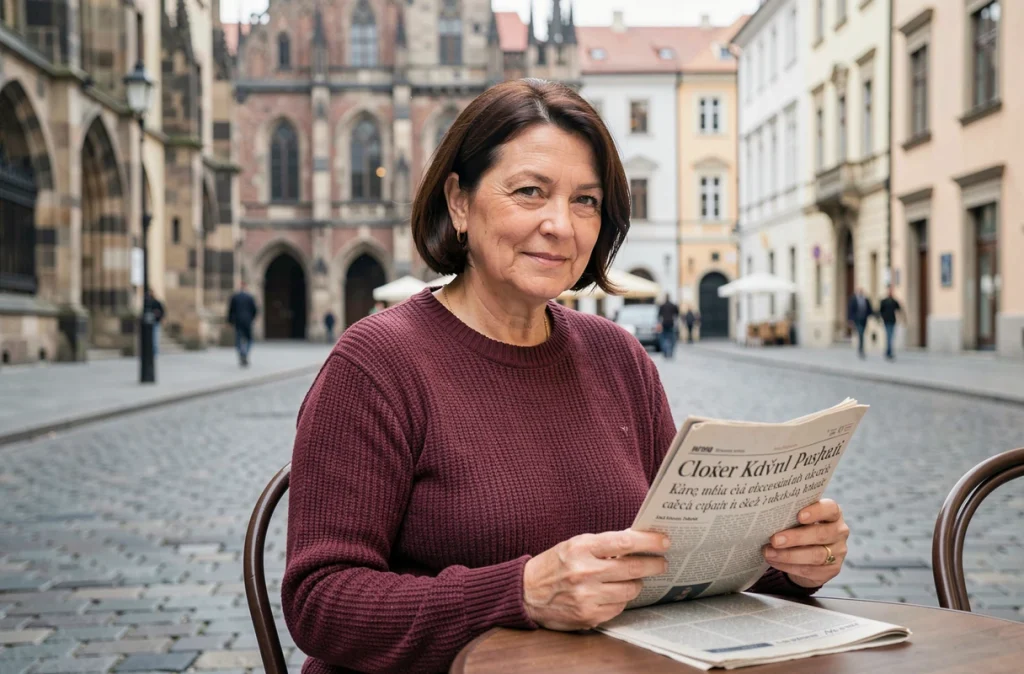 Femme lisant un journal en langue tchèque dans un café historique de Prague en République tchèque