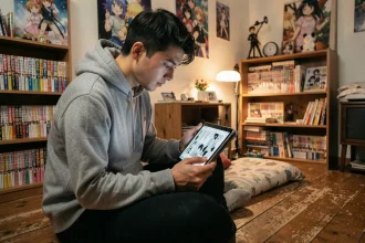 Jeune homme lisant un manga numérique sur tablette dans une chambre entourée de volumes manga
