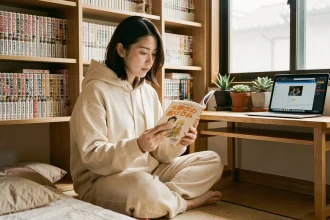 Jeune femme lisant un manga en version française assise sur le sol de sa chambre avec une bibliothèque remplie de volumes en arrière-plan