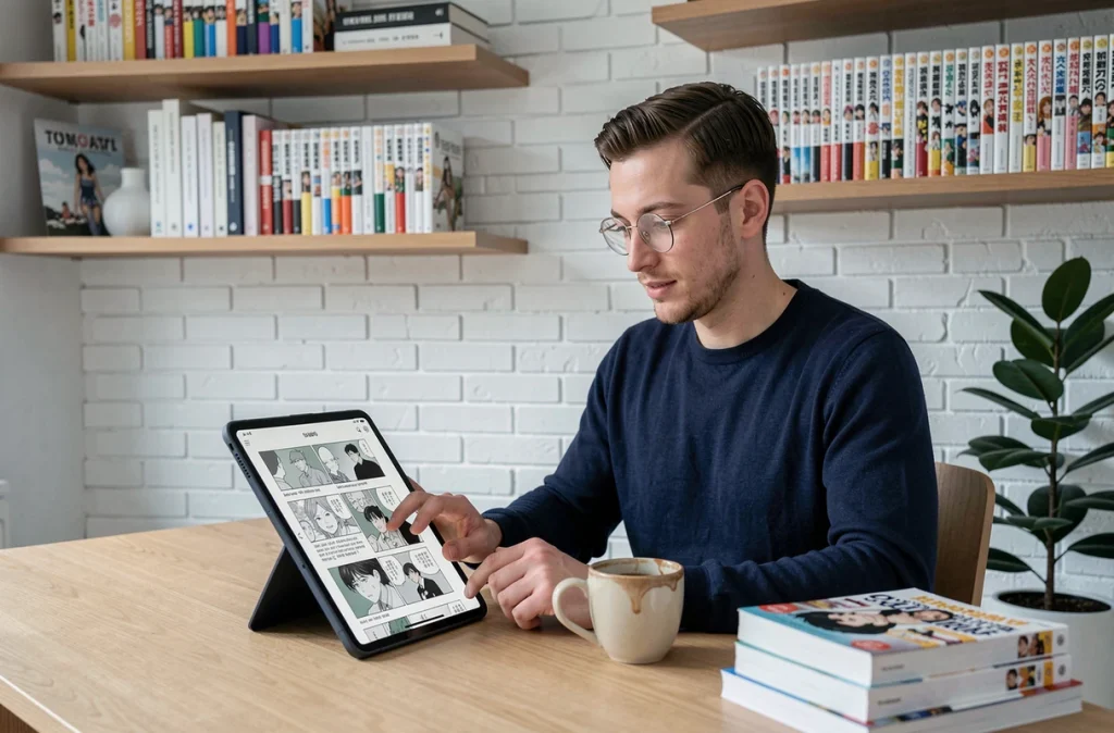 Homme lisant des scans de manga en VF sur une tablette numérique dans un bureau moderne avec une collection de mangas posée sur le bureau