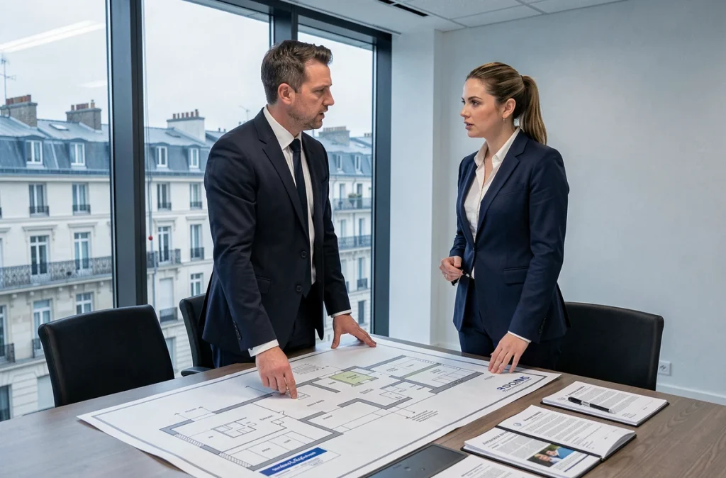 Avocats du cabinet M7 Avocats discutant autour de plans immobiliers et de documents de droit des affaires