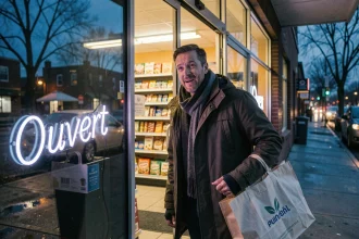 Homme entrant dans un magasin ouvert le soir du 1er janvier avec un sac de courses, reflet enseigne néon sur le trottoir mouillé