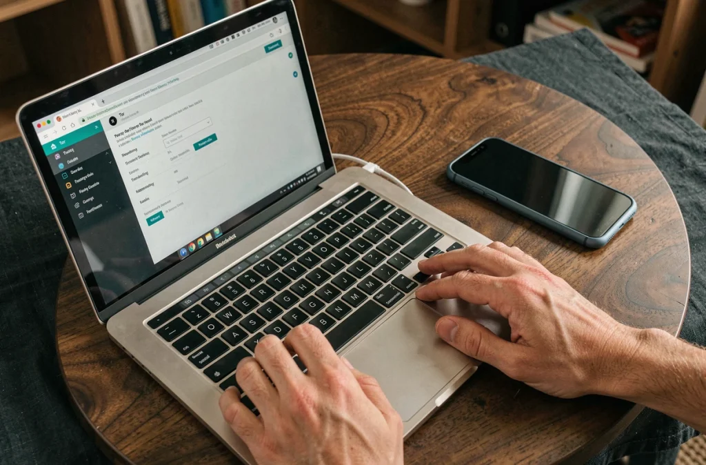 Gros plan de mains tapant sur un clavier connecté à un ordinateur affichant un navigateur Tor pour une navigation anonyme et protégée