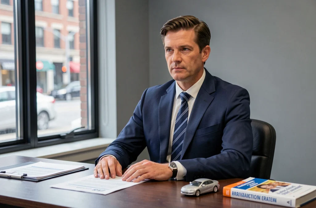 Maître Gabriel Denecker, avocat spécialisé en droit routier, à son bureau avec le code de la route et des dossiers