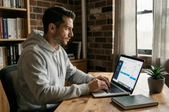 Homme utilisant un VPN sur son ordinateur portable pour naviguer anonymement sur internet depuis son bureau à domicile