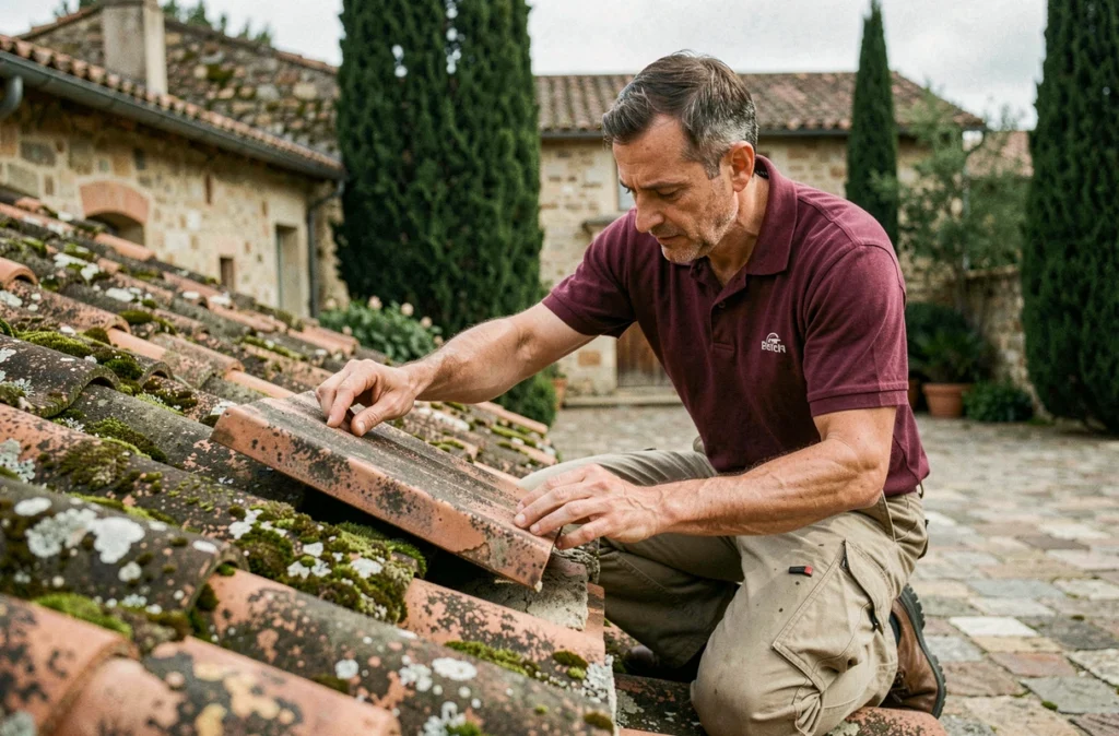 Couvreur d'Occitanie Rénovation Habitat inspectant une toiture en tuiles d'une ferme occitane