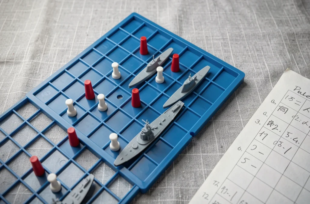 Gros plan sur un plateau de bataille navale avec des pions rouges et blancs et des bateaux miniatures sur une grille bleue