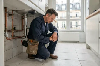 Plombier professionnel en intervention d'urgence sous un évier dans un appartement rennais