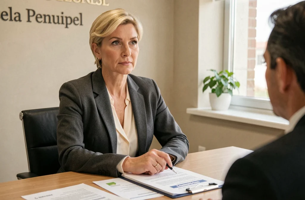 Avocate spécialisée en annulation de contrats et location financière consultant un dossier avec un client