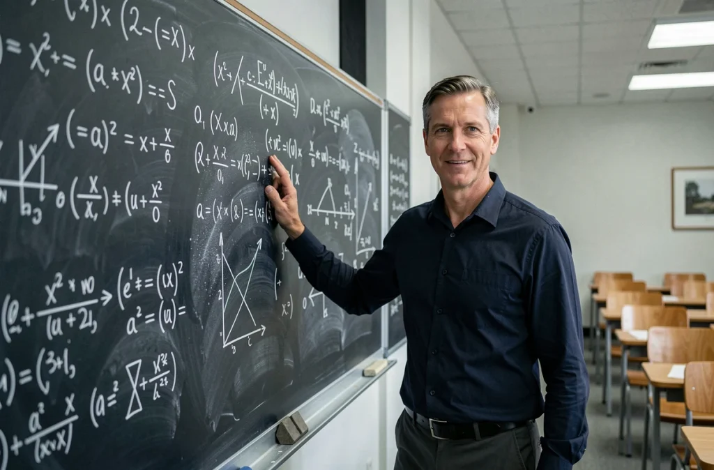 Professeur de mathématiques expliquant l'équation réduite de la tangente au tableau noir dans une salle de cours