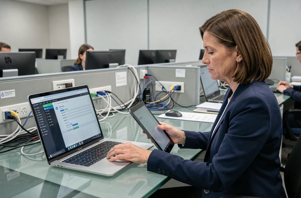 Avocate vérifiant les paramètres réseau sur un ordinateur portable et une tablette dans un open space de cabinet juridique