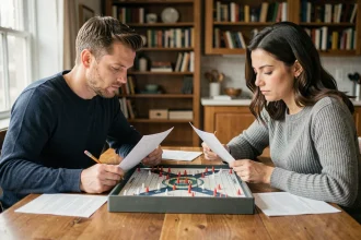 Deux adultes jouant à la bataille navale autour d'une table en bois, avec des grilles et des pions rouges et blancs visibles
