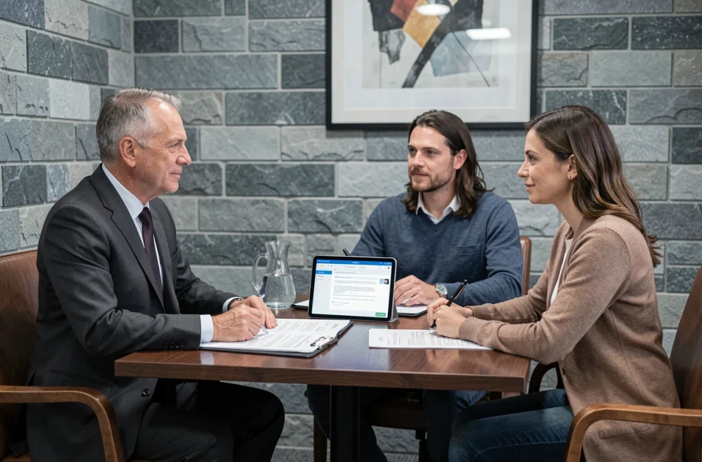 Notaire en costume recevant un couple en rendez-vous dans une salle de consultation avec documents et correspondance email sur tablette