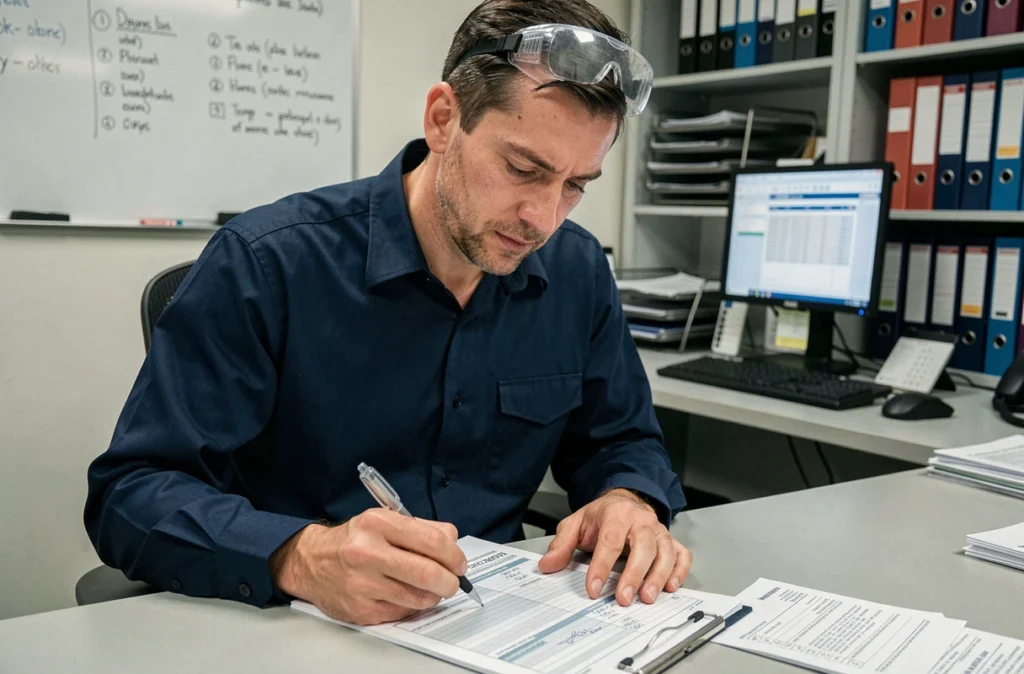 Responsable de gare analysant un formulaire de checklist d'observation dans un bureau opérationnel