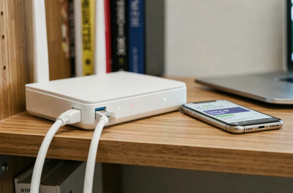 Routeur domestique avec câble ethernet et smartphone affichant un test de vitesse réseau pour diagnostiquer une connexion Avocat instable