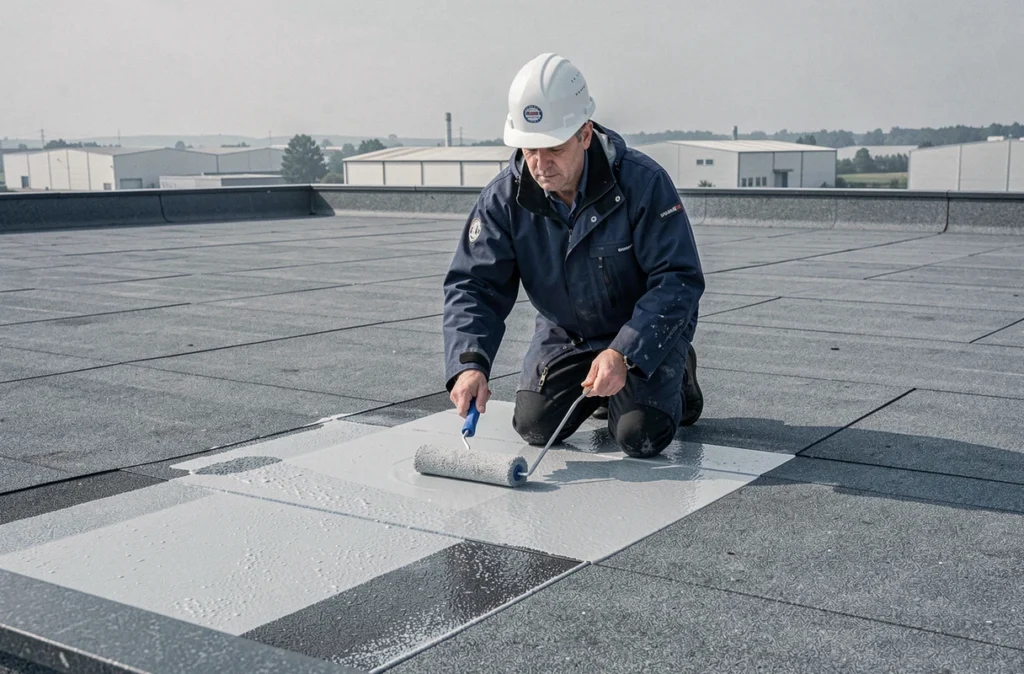 Couvreur de Sarl Fibre Etanche appliquant un revêtement d'étanchéité sur toiture plate