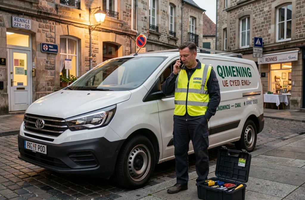 Plombier de garde Service Plombier de Garde en attente d'intervention près de son véhicule à Rennes