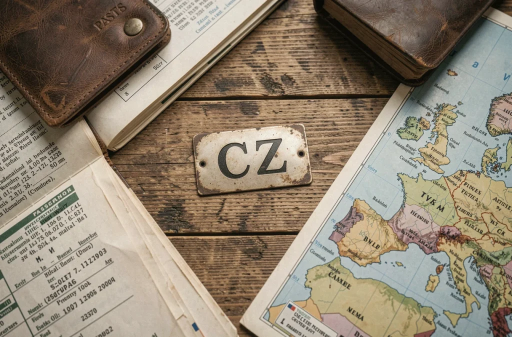Plaque d'immatriculation internationale CZ pour la République tchèque posée sur un bureau avec carte d'Europe et documents de voyage