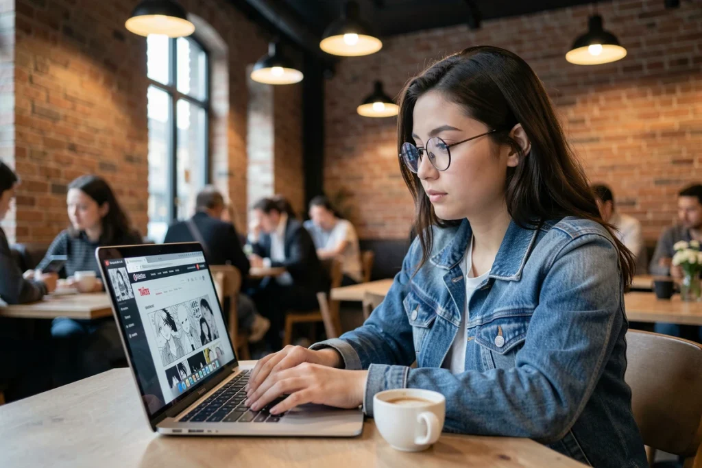 Jeune femme consultant un site de lecture de manga en ligne sur ordinateur portable dans un café urbain