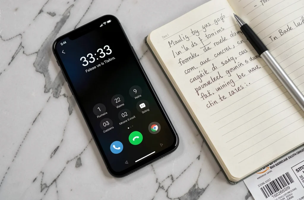 Gros plan d'un smartphone affichant un numéro de téléphone suspect sur un comptoir en marbre avec un bon de livraison Amazon