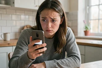 Femme frustrée regardant son smartphone Android avec un SMS bloqué non livré dans sa cuisine