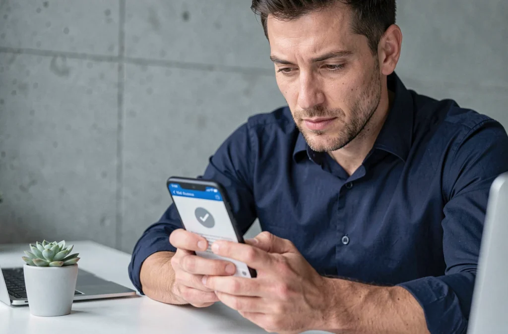 Homme au bureau analysant un SMS non délivré sur son téléphone Android avec icône d'échec d'envoi