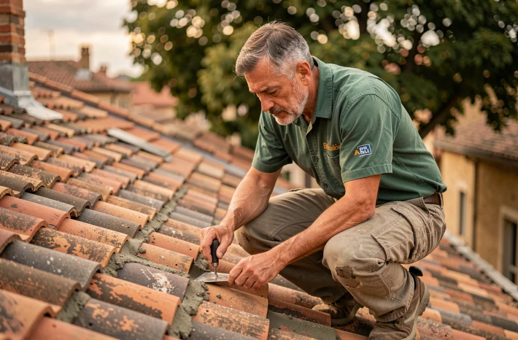Artisan de Tastayre Habitat 82 réalisant un jointoiement de tuiles à Montauban