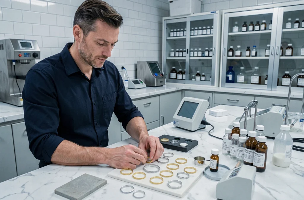 Test à l'acide de bijoux en or étrangers sans marquage dans un laboratoire de titrage professionnel