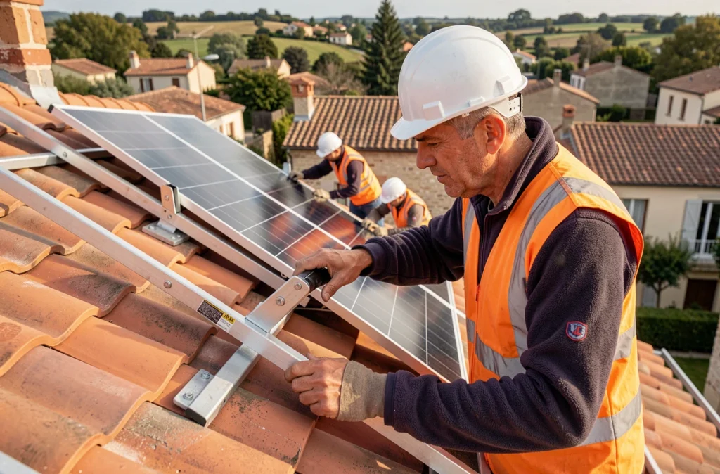 Équipe de Trebisol Sud Ouest intégrant des supports solaires sur une toiture en tuiles