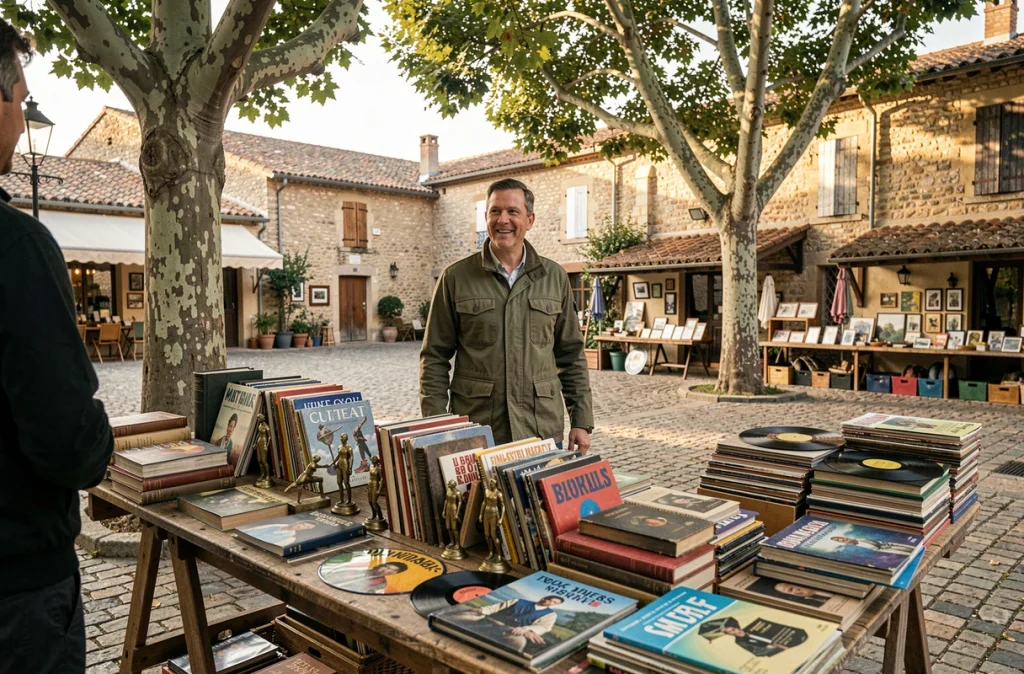 Vendeur au stand d'un vide grenier provençal avec objets de brocante et vinyles vintage