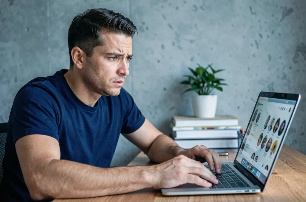 Homme utilisant un ordinateur portable pour consulter des stories sur les réseaux sociaux, soulevant des questions sur la confidentialité et la visibilité des vues Instagram